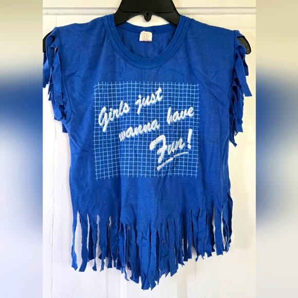 unknown Tops - Vintage 80s Blue Fringe Girls Just Wanna Have Fun Size Small